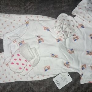 White Baby Onesie with Pink Owl Print and Pink Polka Dot Socks